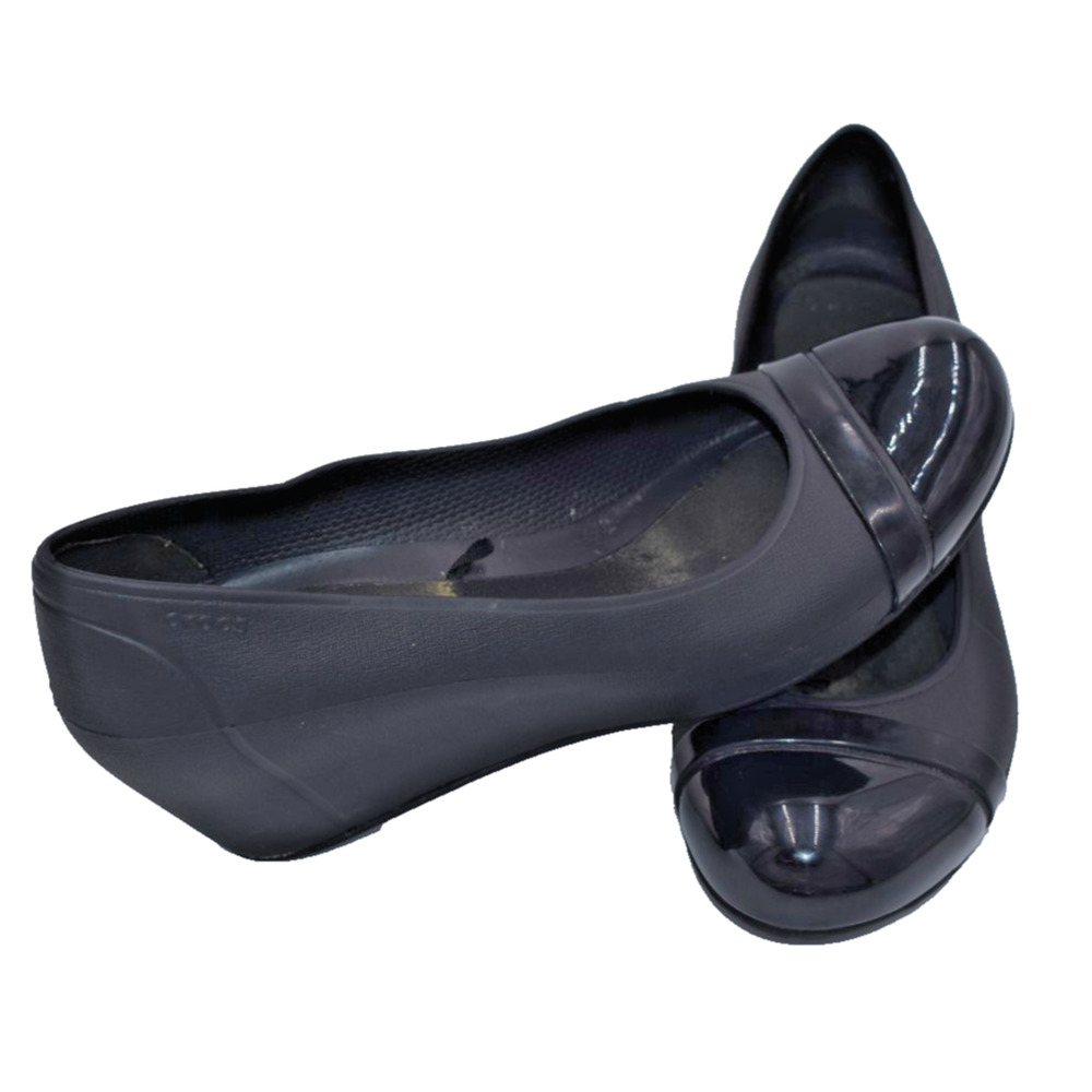 CROCS Black Patent Cap Toe Wedge Platform Shoes - US Womens 8
